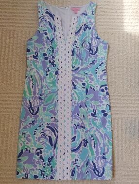 Lilly Pulitzer Purple, Aqua, White Printed Dress with Crochet Trim